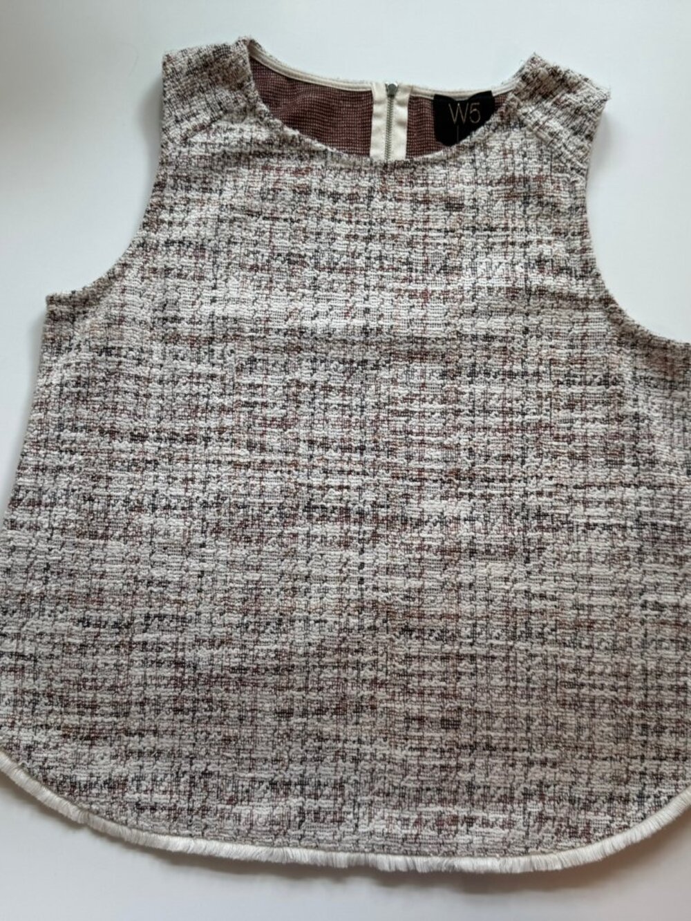 W5 Sleeveless Round Neck White Earthy Tones Tweed Tank Top sz L